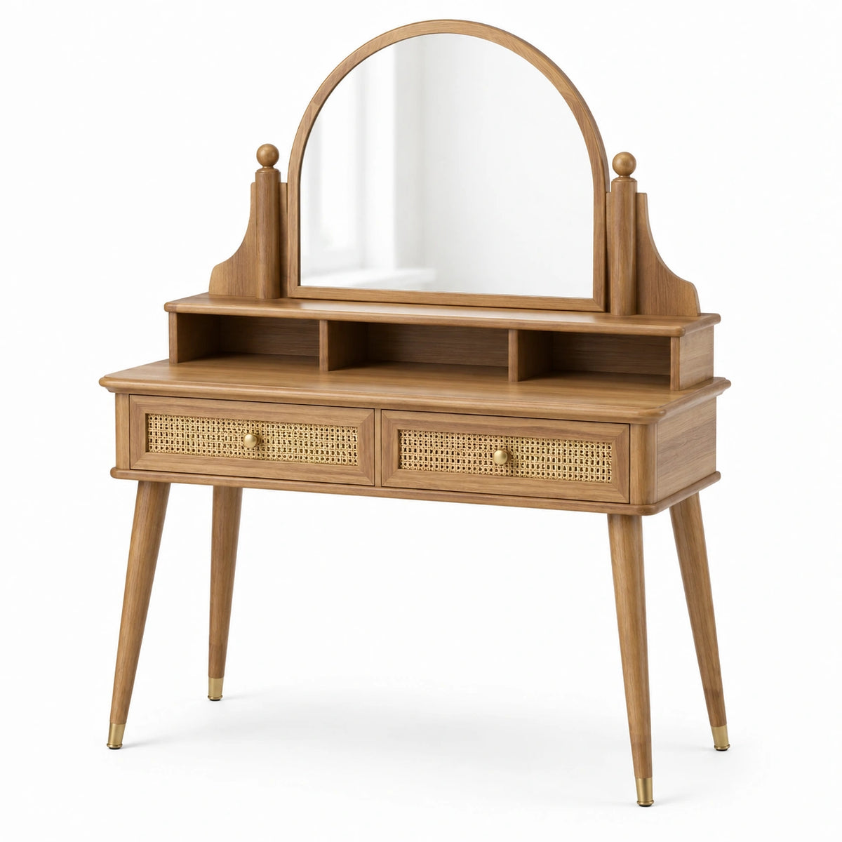 Schminktisch 100×45×150 cm Holz Naturholz mit Spiegel Rattan Schubladen Retro