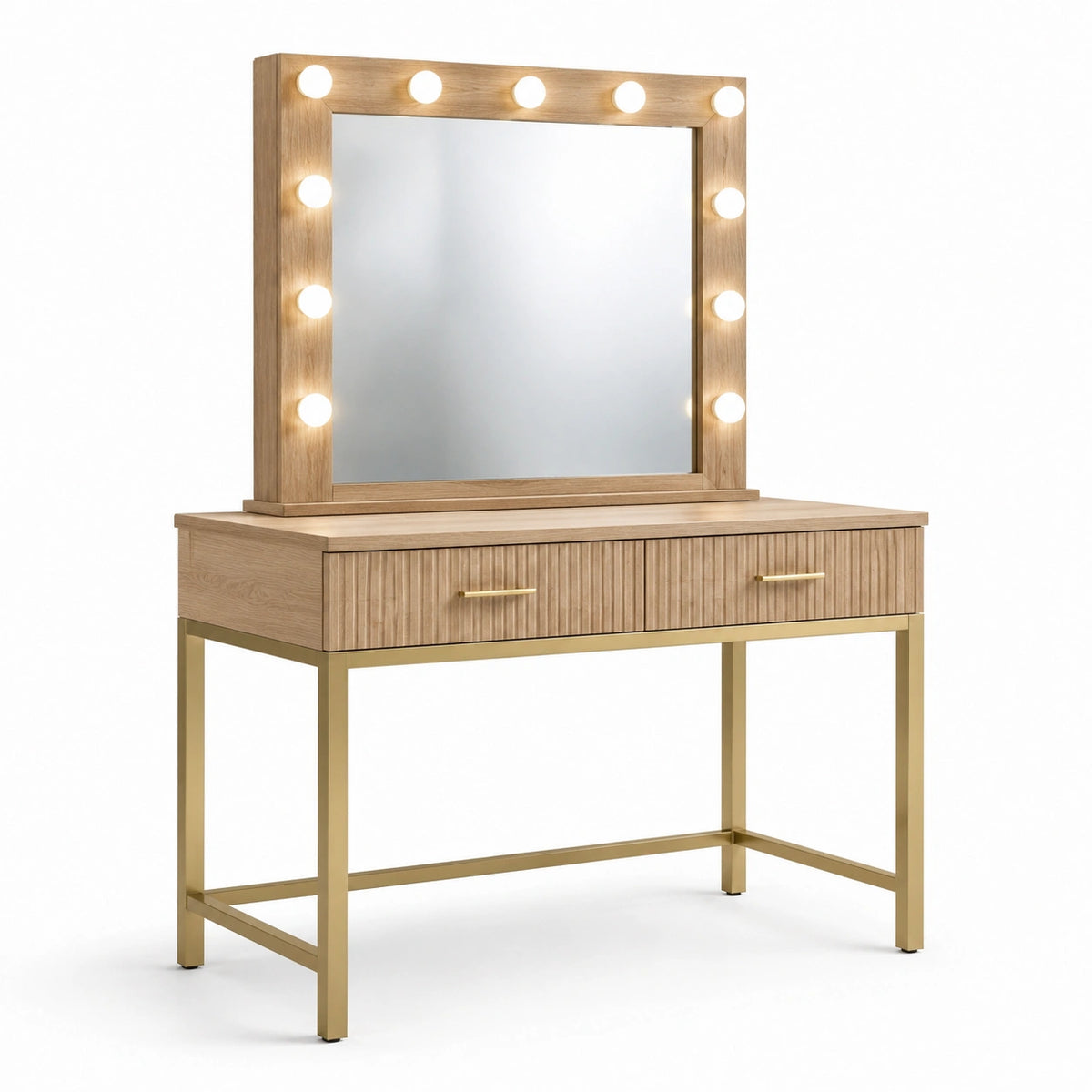 Schminktisch 120×50×150 cm Holzoptik mit beleuchtetem Spiegel und 2 Schubladen