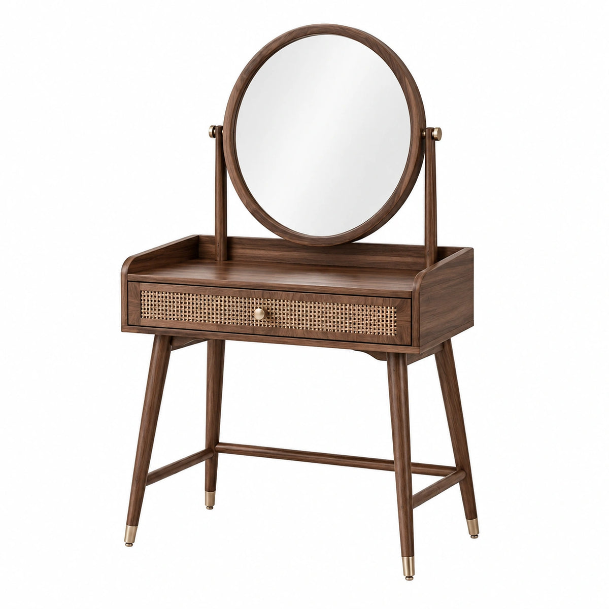 Schminktisch 80×45×145 cm aus Holz walnussbraun mit Rattan Schublade und Drehspiegel