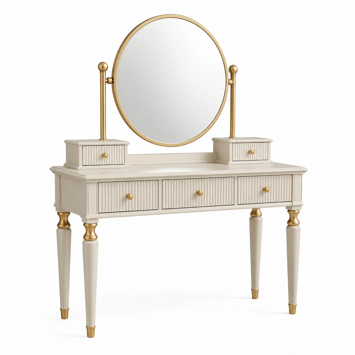 Frisiertisch 120×45×150 cm aus Holzwerkstoff in Creme/Gold mit Spiegel und Schubladen im klassischen Stil