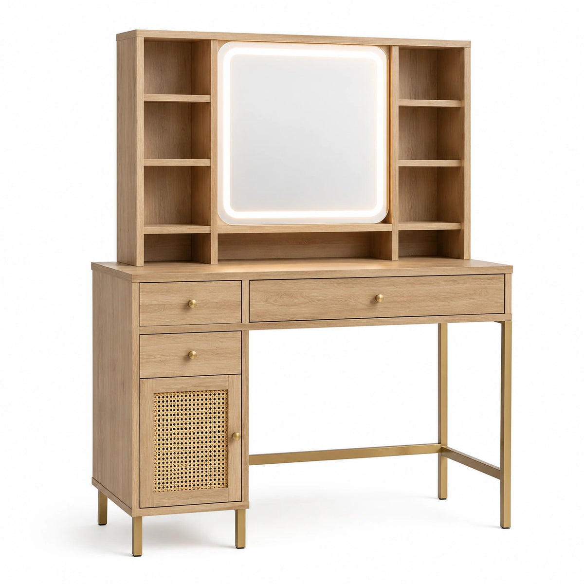 Schminktisch 120×50×180 cm Holzoptik mit LED-Spiegel Rattanfach und Stauraum