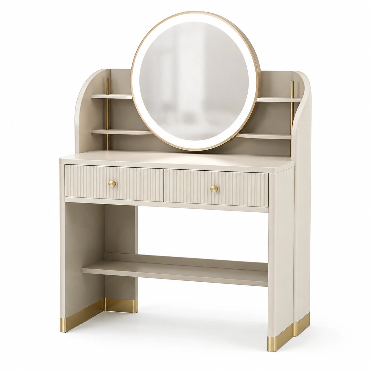 Schminktisch 100×45×150 cm aus Holzwerkstoff Beige/Gold mit Spiegel und Stauraum
