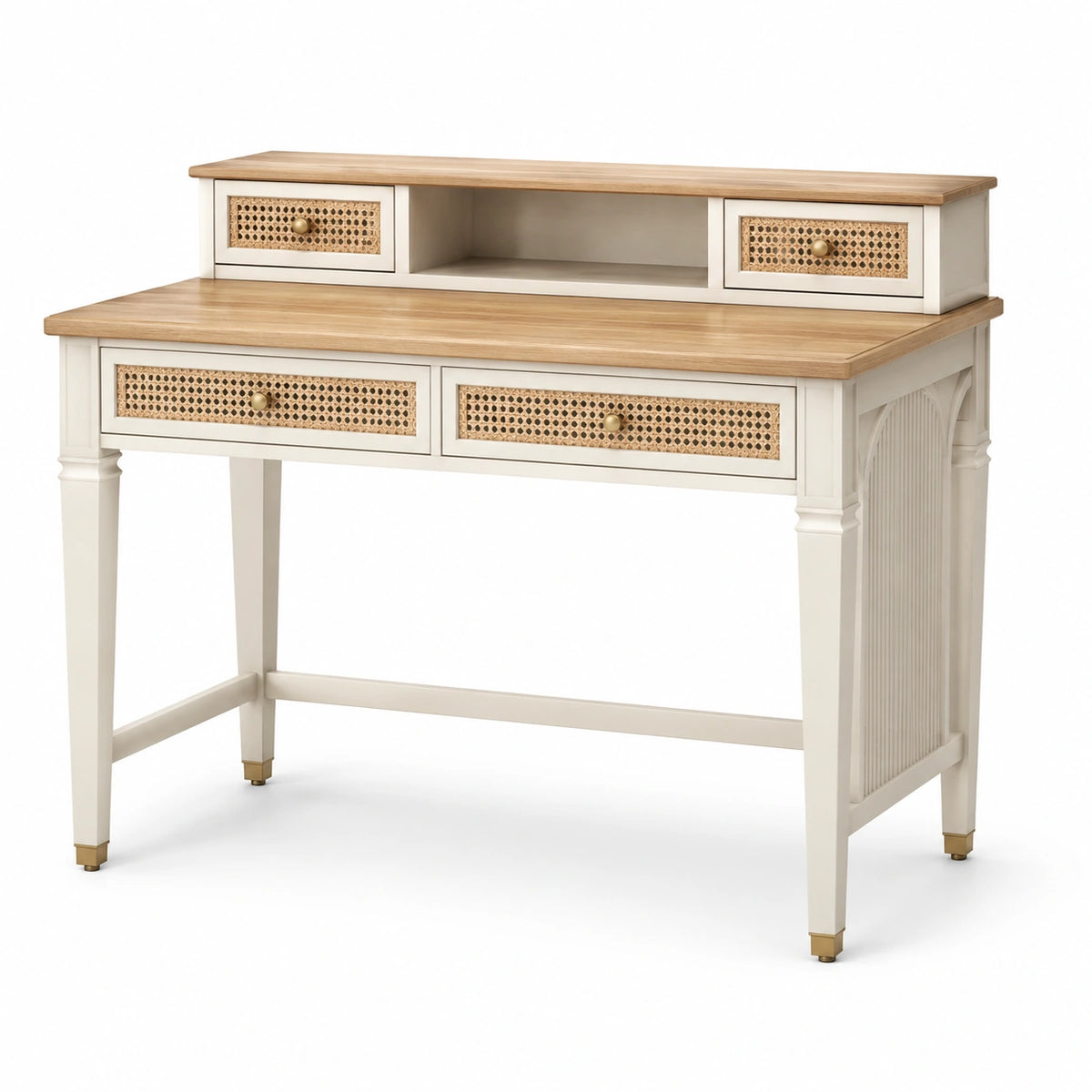 Schreibtisch 120×55×105 cm Holz Rattan Weiß Natur mit Schubladen Landhausstil