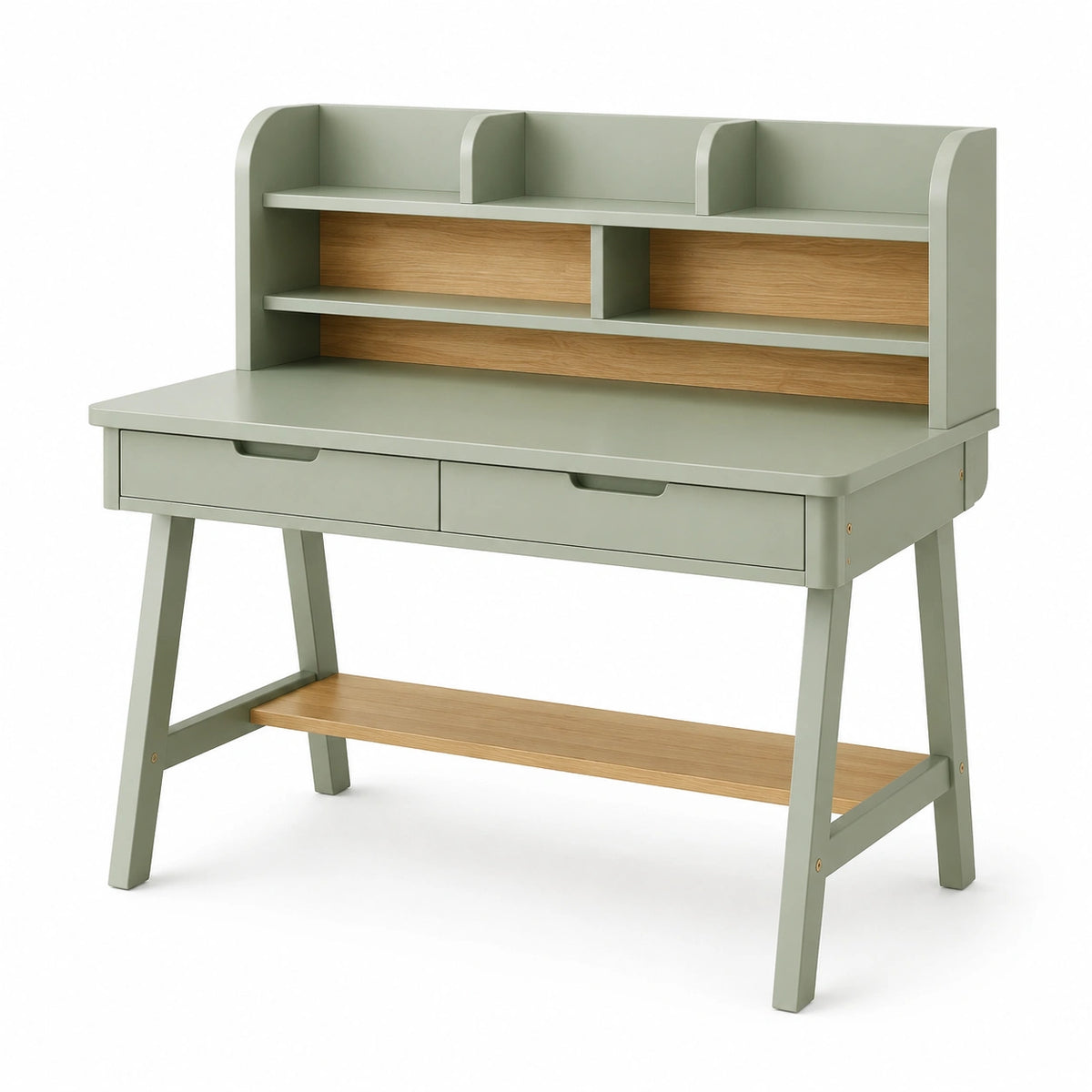 Schreibtisch 120×60×140cm aus Holzwerkstoff in Salbeigrün mit Schubladen und Aufsatzregal