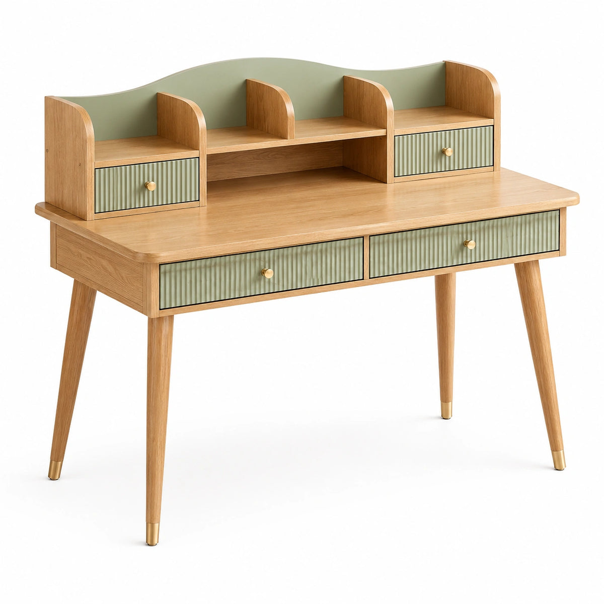 Schreibtisch 120 x 60 x 110 cm aus Holz in Eiche Salbeigrün mit Schubladen und Aufsatz