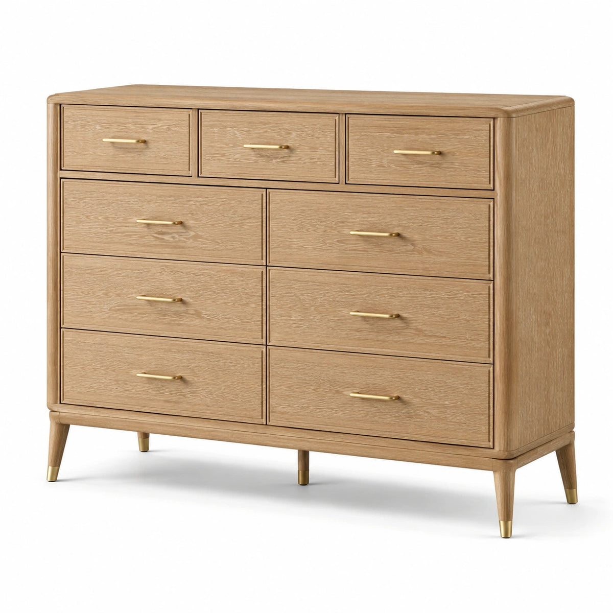 Kommode 160×45×95 cm aus Holz in Natur mit 9 Schubladen und Metallgriffen