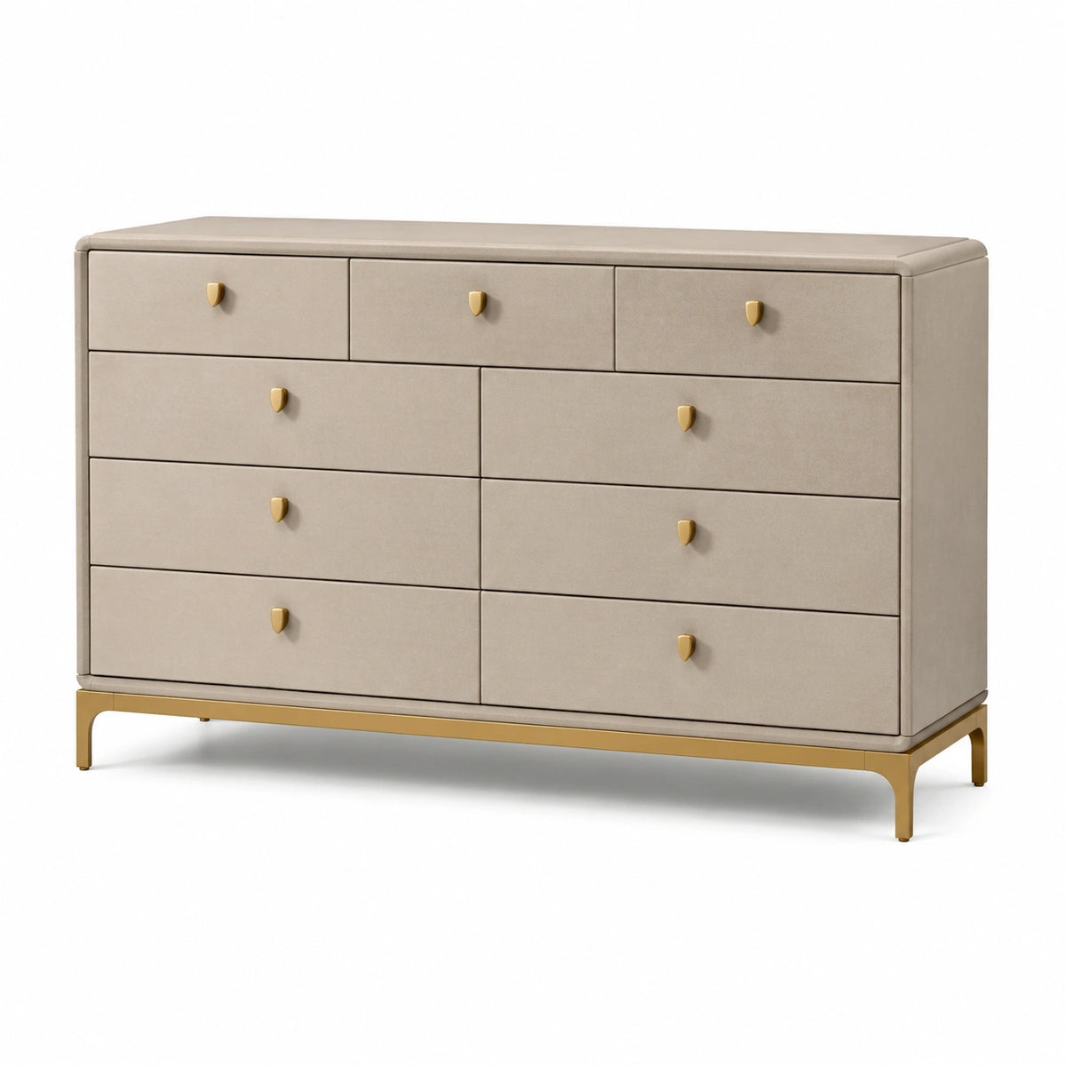Kommode 160×45×90 cm Beige mit Textilbezug und Metallgestell - 11 Schubladen im modernen Stil