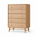 Kommode 90 x 45 x 130 cm aus Holz in Natur mit 5 Schubladen im Mid Century Stil