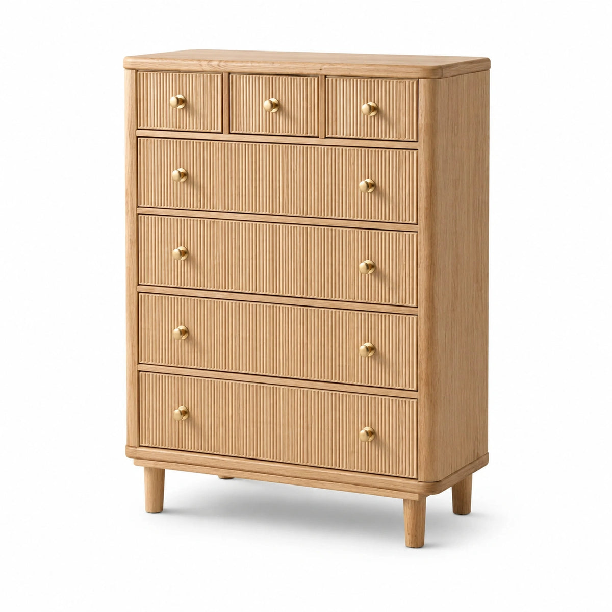 Kommode 90×42×120 cm aus Holz natur mit 7 Schubladen im geriffelten Stil