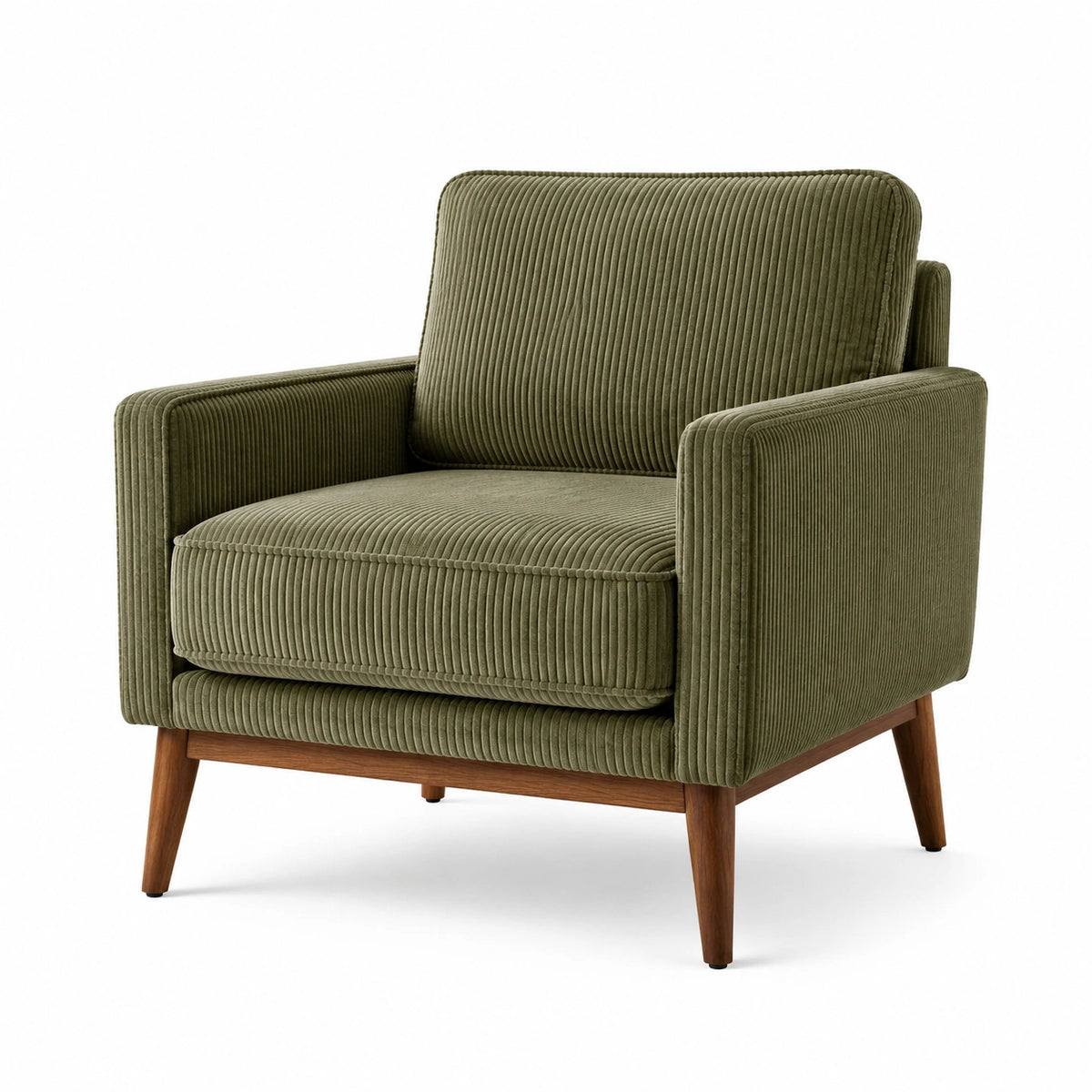Sessel 78×85×86 cm aus Cordstoff Olivgrün mit Holzbeinen im Retro-Stil