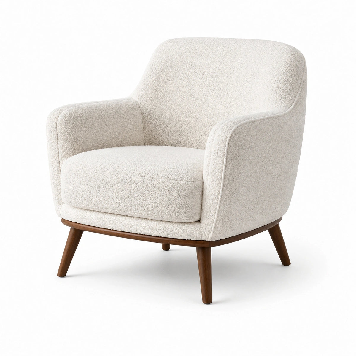 Sessel 75×80×85 cm in Beige mit Bouclé-Bezug und Holzfüßen im Retro-Stil