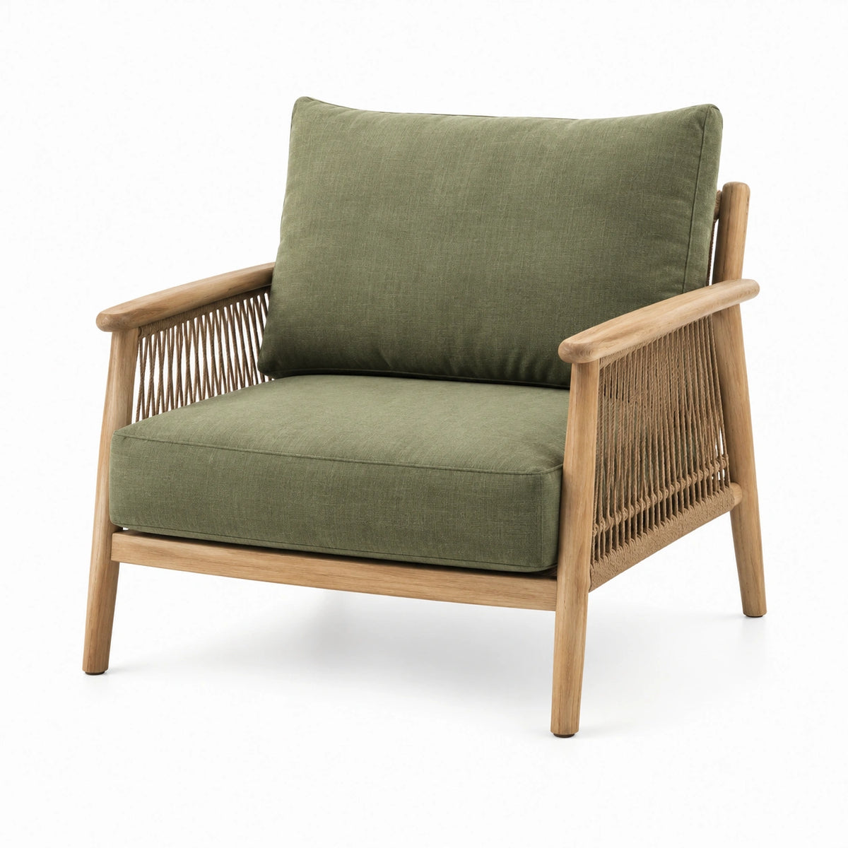 Sessel 75 x 80 x 85 cm aus Holz und Textil in Olivgrün für Wohnzimmer mit Kordelbespannung