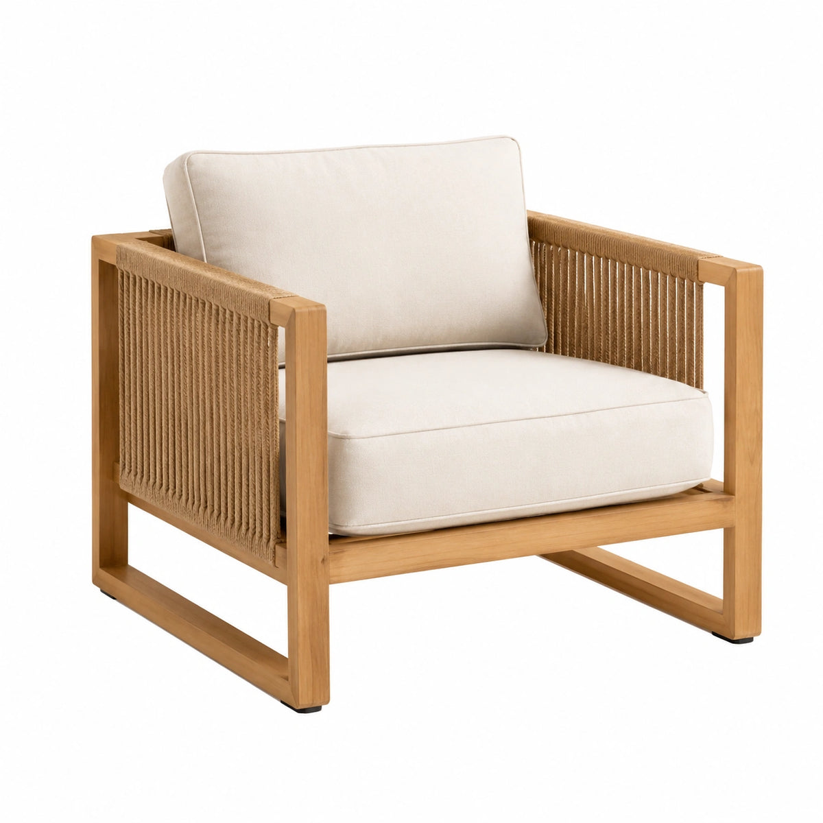 Sessel 78×78×78 cm aus Holz in Naturbeige mit Seilgeflecht im Loungestil