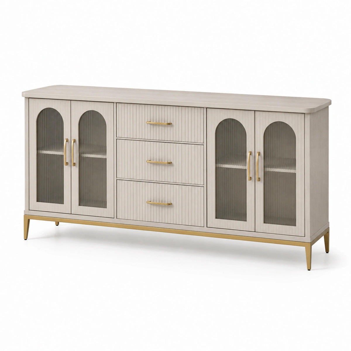 Sideboard 180×40×85 cm Holzwerkstoff Beige mit Riffelglas und Metallgriffen Modern