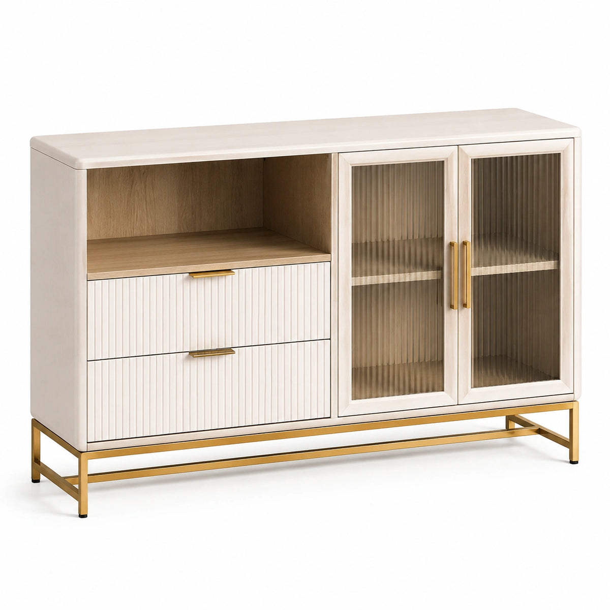 Sideboard 120×40×90 cm in Creme mit Glasfronten und Metallgestell